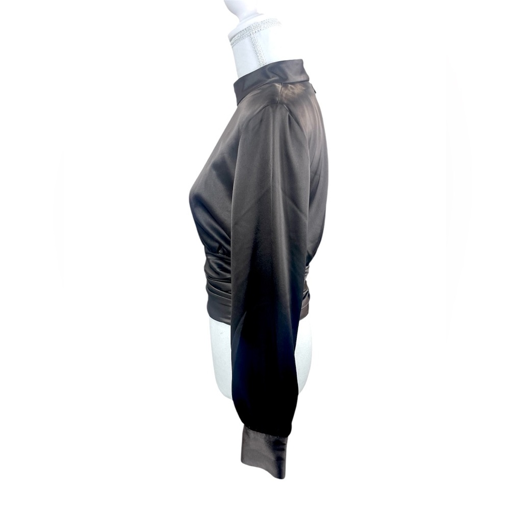 Aritzia Babaton Chocolate Brown Rosalia Ruched Satin Elegant Blouse Mock Neck - Picture 6 of 14